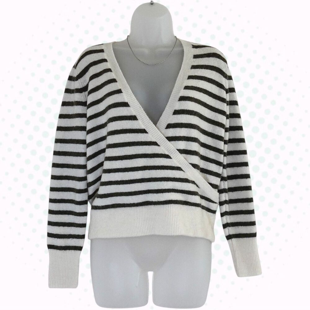 Madewell White & Olive Green Striped V-Neck Pullover Wrap Sweater Size XS